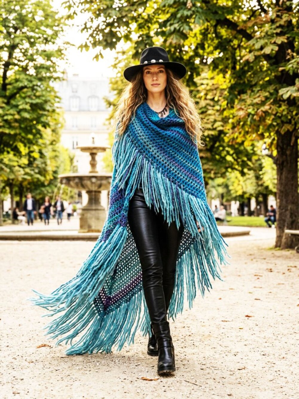 Boho Blue Teal & Purple Full Fringe Shawl Shrug